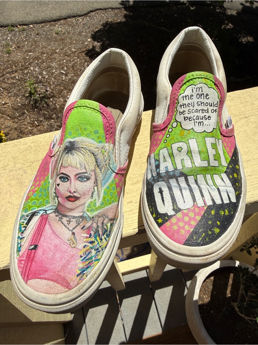 Vans Slip-On Sneakers in Pink, Green, Black & White - Harley Quinn Graphic